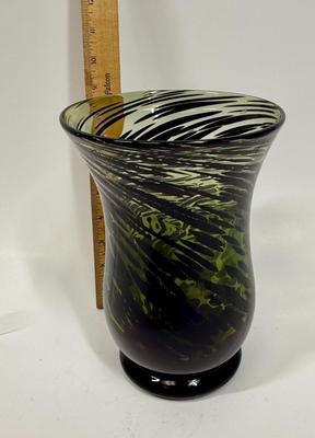 Blown Glass Hurricane Vase Green Black Swirled Retro Art Glass