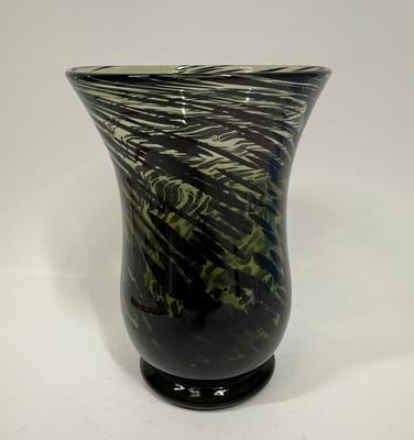 Blown Glass Hurricane Vase Green Black Swirled Retro Art Glass