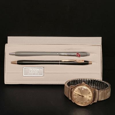 LOT 420: Cross Virgin Airlines and Hargrove Ball Point Pen Set with Bulova Watch