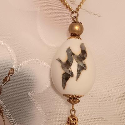 LOT 421: Handpainted Egg Necklace, Faux Pearl and Gold-Tone Necklace, Revlon Love-Pat Misty Rose Compact & More