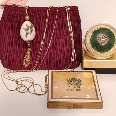 LOT 421: Handpainted Egg Necklace, Faux Pearl and Gold-Tone Necklace, Revlon Love-Pat Misty Rose Compact & More