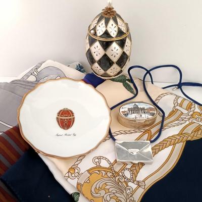 LOT 423: Faberge Miniature Plate, Rodolfo Roma Scarf, Berkshire Scarf, Charlie Solid Perfume Envelope Charm & More