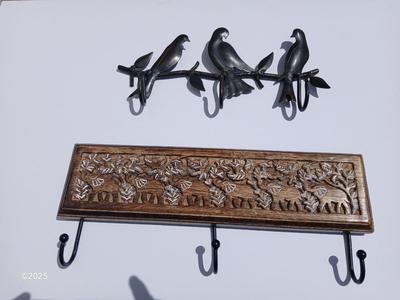 Lot of 2 Wall Hook Racks – Bird Motif & Carved Wood Floral Design