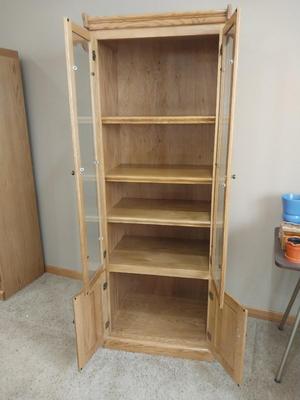 WOODEN GLASS DOUBLE DOOR CABINET WITH FOUR SHELVES AND STORAGE