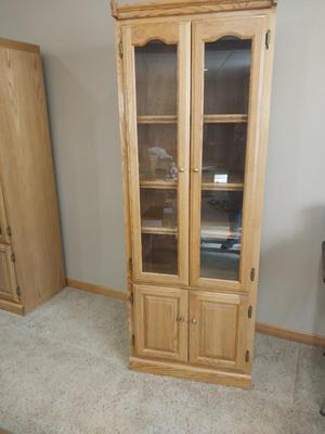 WOODEN GLASS DOUBLE DOOR CABINET WITH FOUR SHELVES AND STORAGE