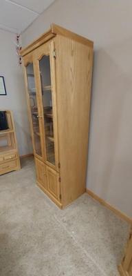 WOODEN GLASS DOUBLE DOOR CABINET WITH FOUR SHELVES AND STORAGE