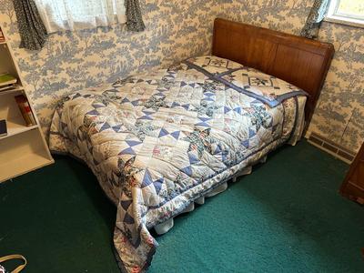 FULL SIZE BED WITH ANTIQUE HEADBOARD & MATCHING NIGHT STAND PLUS BEDSPREAD