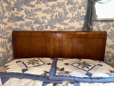 FULL SIZE BED WITH ANTIQUE HEADBOARD & MATCHING NIGHT STAND PLUS BEDSPREAD