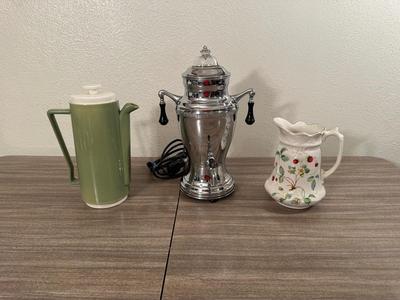 FANCY PERCOLATOR W/SPIGOT, BEVERAGE SERVER W/LID AND A PITCHER MADE IN ENGLAND
