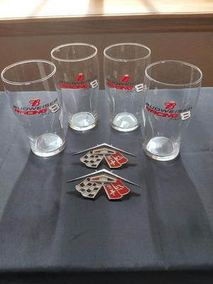 BUDWEISER RACING DRINKING GLASSES AND CAR EMBLEMS