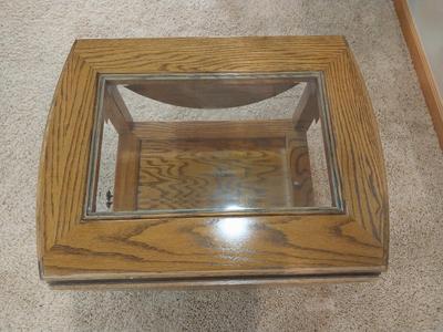TWO TIER GLASS TOP WOODEN DROPLEAF TABLE WITH DRAWER