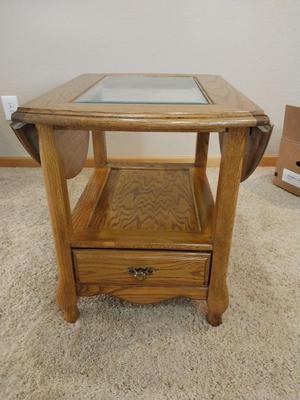 TWO TIER GLASS TOP WOODEN DROPLEAF TABLE WITH DRAWER