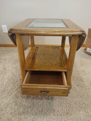 TWO TIER GLASS TOP WOODEN DROPLEAF TABLE WITH DRAWER