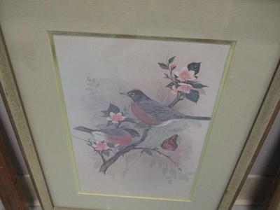 Pair Of Vintage F. Massa Artwork Print Cardinals Perched On Tree Approx 15" x 19 1/2"