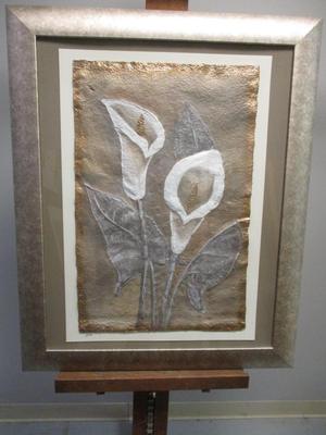 Signed Framed White Calla Lily Relief Painting Art On Canvas 26 1/2" x 33 3/4