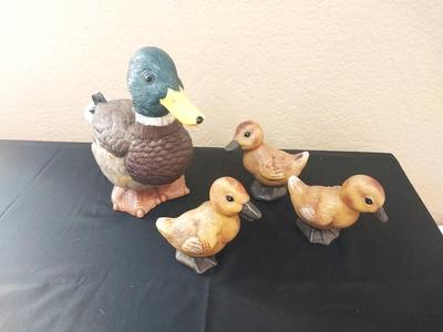 YARD DUCK AND THREE CERAMIC DUCKIES