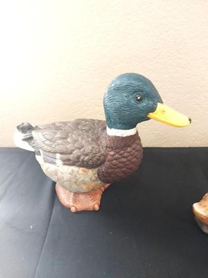 YARD DUCK AND THREE CERAMIC DUCKIES