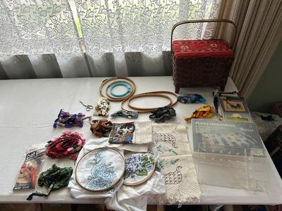 CRAFT SUPPLIES AND A SEWING BOX
