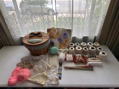 CRAFT SUPPLIES, DOILIES AND A SEWING BOX