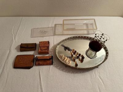 LEATHER TOOLED CASES, DRESSER TOP MIRROR, PIN CUSHION AND MORE