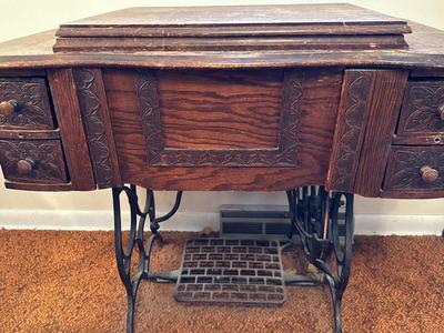 BRUNSWICK TREADLE SEWING MACHINE IN CABINET