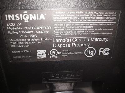 42" INSIGNIA LCD TV WITH REMOTE AND STAND