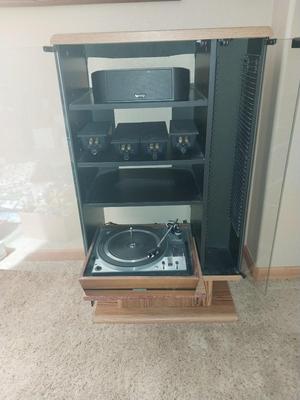 STEREO CABINET-UNITED AUDIO LP PLAYER-INFINITY SURROUND SOUND SPEAKERS