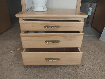 WOODEN THREE DRAWER NIGHTDTSND AND SMALL LAMP