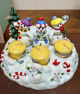 Party Lite "Snowbell" Christmas Decor - 3 snowmen candle holder for 3 votive candles and 1 pillar candle