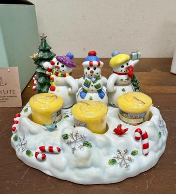 Party Lite "Snowbell" Christmas Decor - 3 snowmen candle holder for 3 votive candles and 1 pillar candle