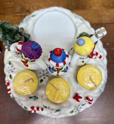 Party Lite "Snowbell" Christmas Decor - 3 snowmen candle holder for 3 votive candles and 1 pillar candle