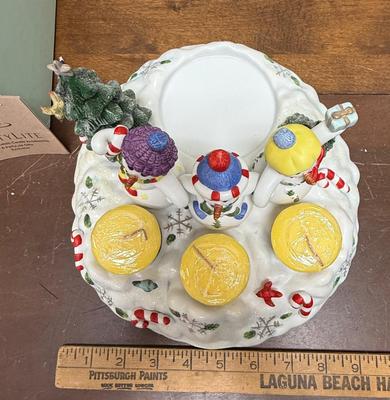 Party Lite "Snowbell" Christmas Decor - 3 snowmen candle holder for 3 votive candles and 1 pillar candle