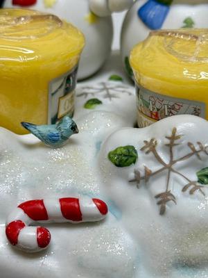 Party Lite "Snowbell" Christmas Decor - 3 snowmen candle holder for 3 votive candles and 1 pillar candle