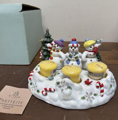 Party Lite "Snowbell" Christmas Decor - 3 snowmen candle holder for 3 votive candles and 1 pillar candle