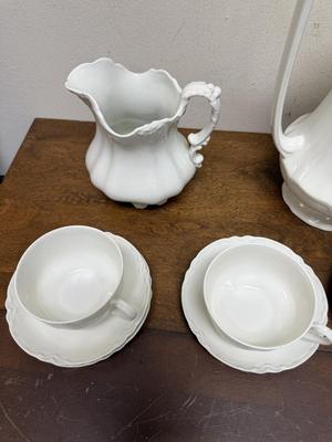 Vintage white China Lot: Coffee Pot, Teacups and Saucers, and More