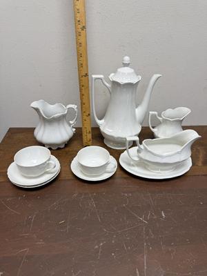 Vintage white China Lot: Coffee Pot, Teacups and Saucers, and More