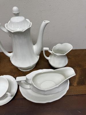Vintage white China Lot: Coffee Pot, Teacups and Saucers, and More