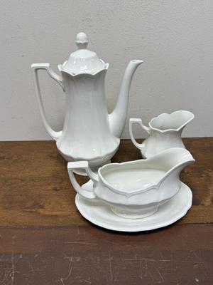 Vintage white China Lot: Coffee Pot, Teacups and Saucers, and More