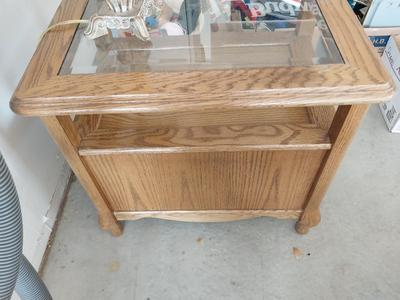 TWO TIER GLASS TOP WOODEN ENDTABLE WITH DRAWER AND LAMP