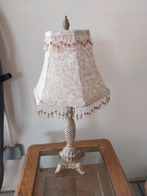 TWO TIER GLASS TOP WOODEN ENDTABLE WITH DRAWER AND LAMP