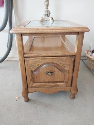 TWO TIER GLASS TOP WOODEN ENDTABLE WITH DRAWER AND LAMP
