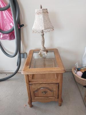 TWO TIER GLASS TOP WOODEN ENDTABLE WITH DRAWER AND LAMP