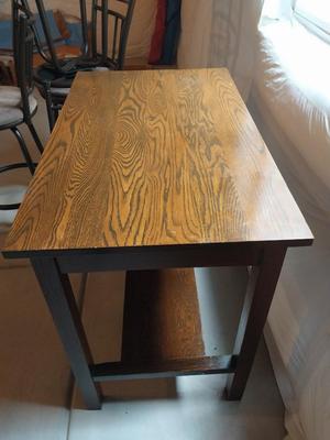 WOODEN TABLE AND THREE BARSTOOLS