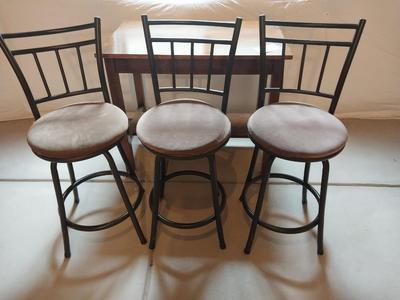 WOODEN TABLE AND THREE BARSTOOLS