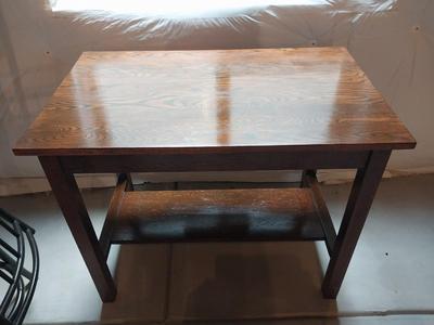 WOODEN TABLE AND THREE BARSTOOLS