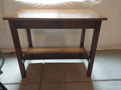 WOODEN TABLE AND THREE BARSTOOLS