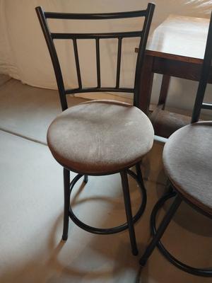 WOODEN TABLE AND THREE BARSTOOLS