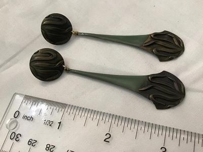 Beautiful, large enamel brass type dangle earrings, gorgeous Vintage