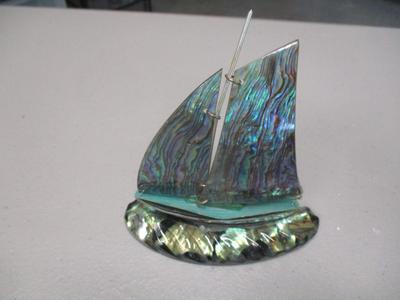 Wooden Trinket Puzzle Boxes Vintage Paua Shell Yacht (G)