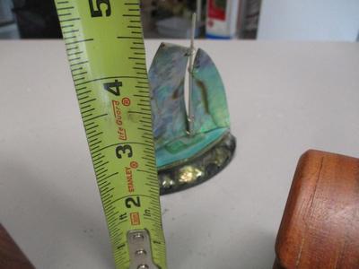 Wooden Trinket Puzzle Boxes Vintage Paua Shell Yacht (G)